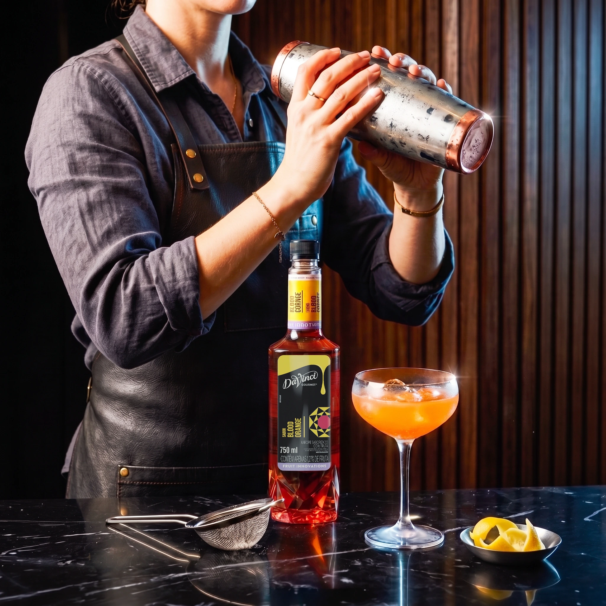 Bartender preparando um coquetel autoral com DaVinci Gourmet